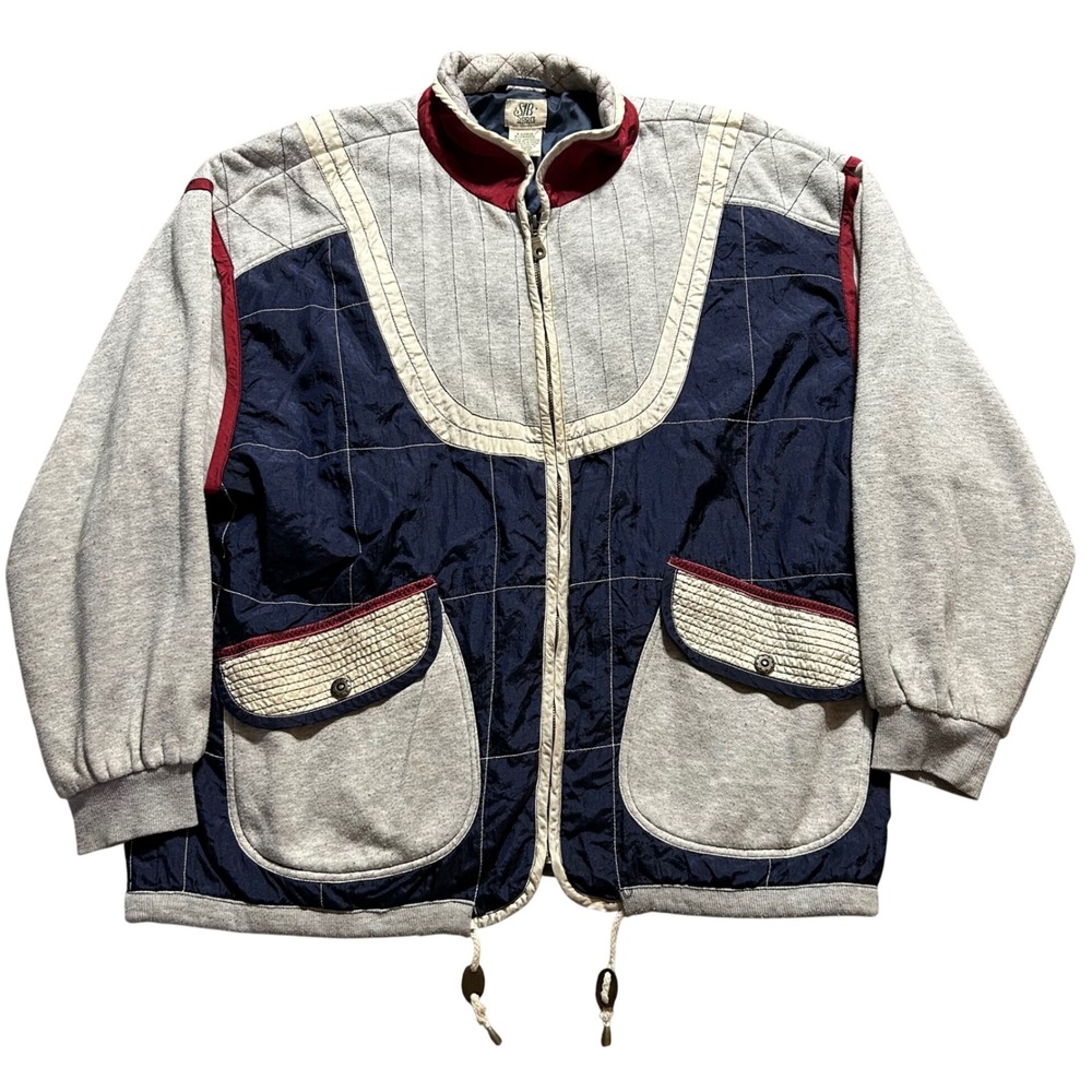 VTG SJB Sport Jacket Mens XL Blue Grey Red Colorblock Quilted Mixed Media